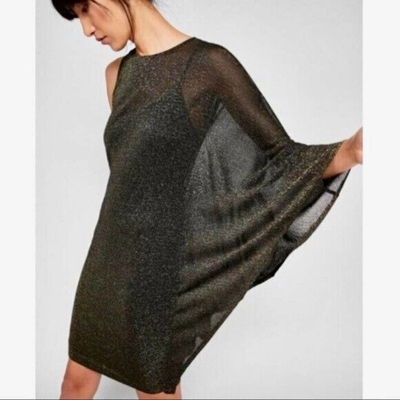 NWT Ted Baker Monyca Black Gold Metallic One Shoulder Draped Dress Size 4 - Picture 3 of 10